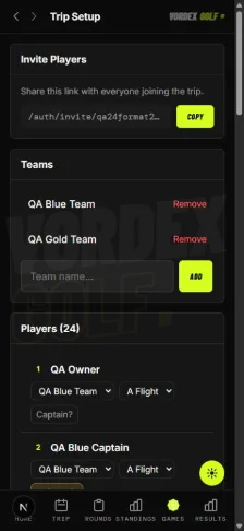 Vordex Golf — trip setup screen